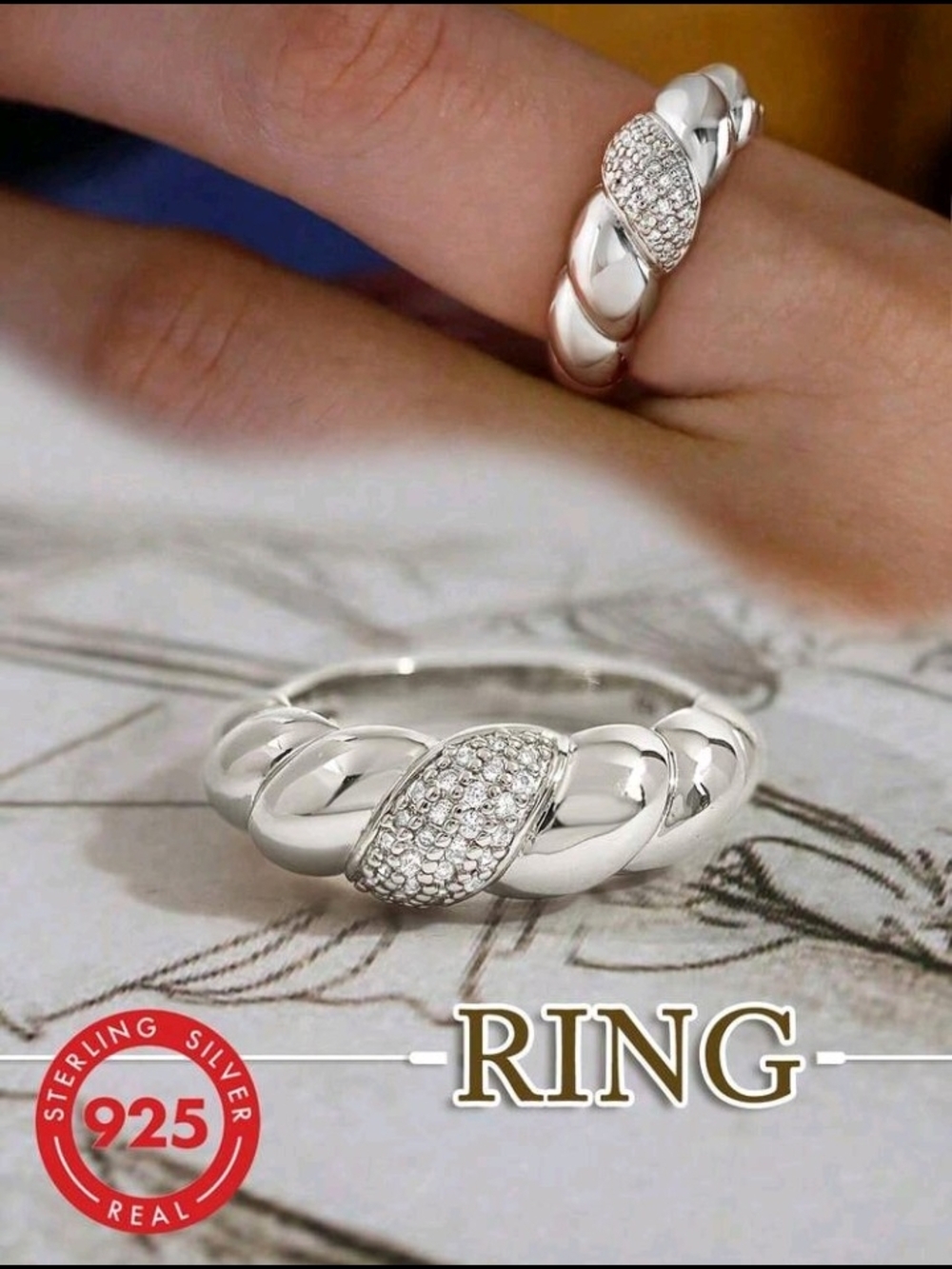 Sterling Silver Twisted Pave Ring in Silver Size 6